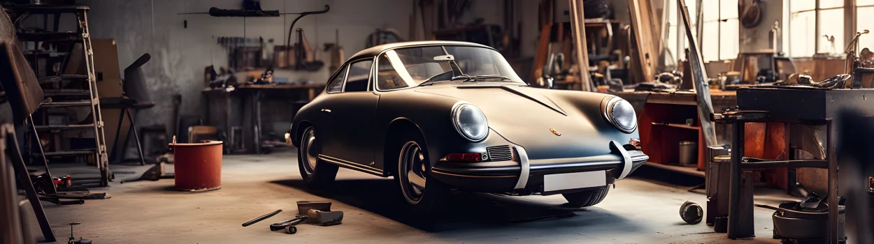 The image features a vintage Porsche sports car being restored in a workshop.