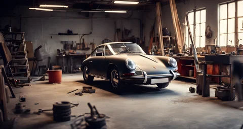 The image features a vintage Porsche sports car being restored in a workshop.