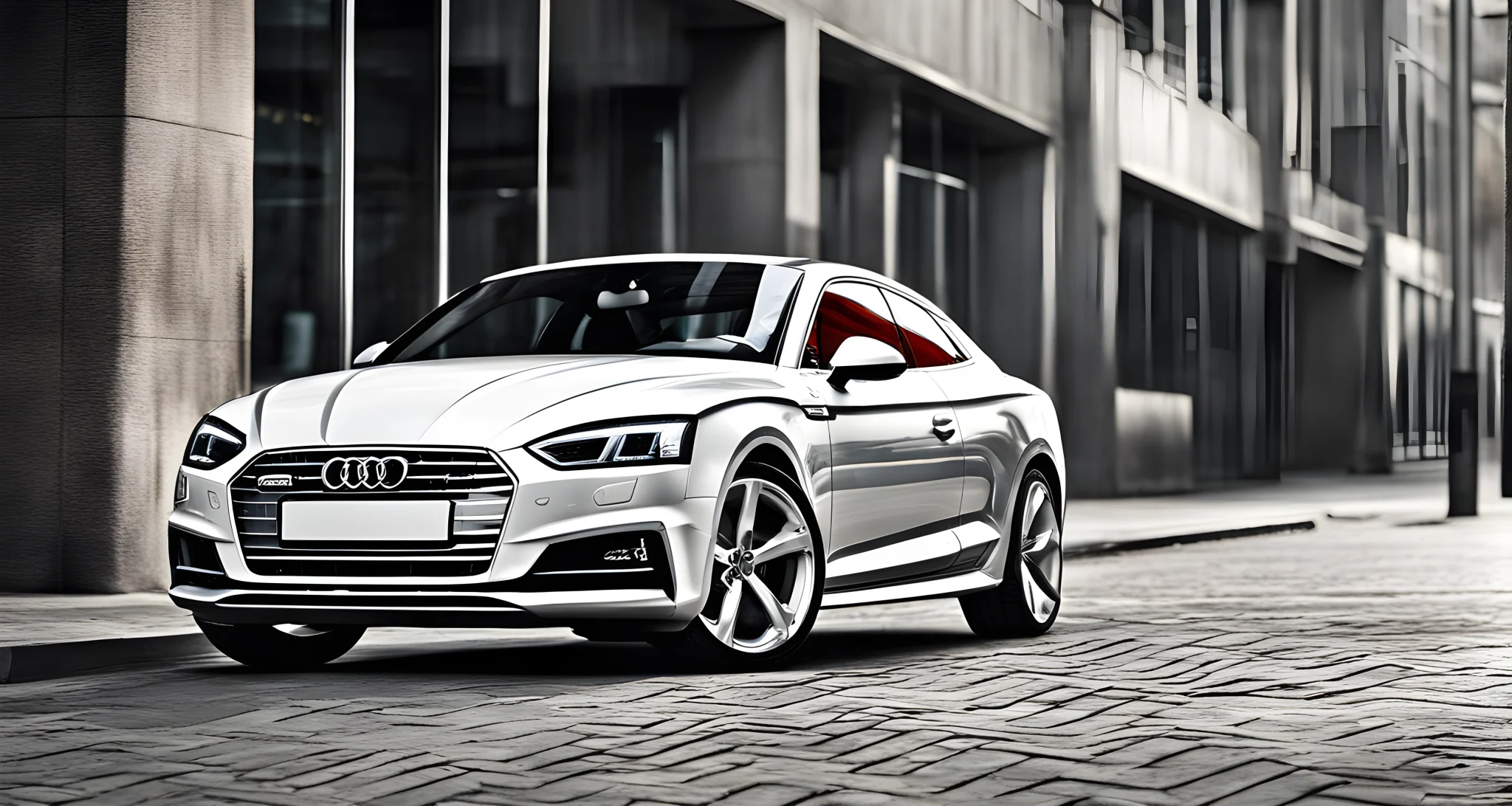 The image features a white Audi A5 parked in a modern urban setting.