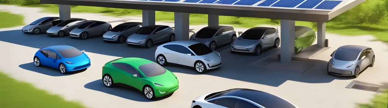 The image features an array of electric vehicles, charging stations, and solar panels.