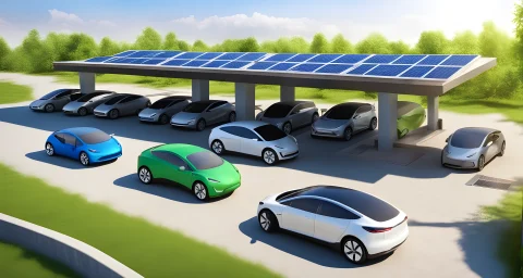 The image features an array of electric vehicles, charging stations, and solar panels.
