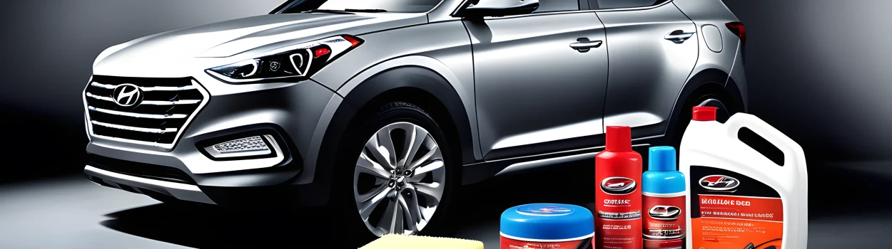 The image features car care products and tools specifically designed for Hyundai vehicles, including cleaning solutions, wax, polish, microfiber cloths, and tire shine.