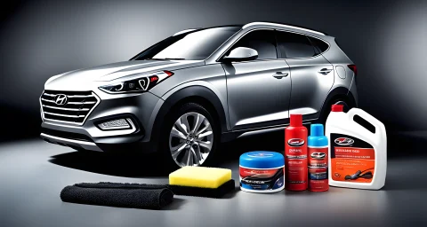 The image features car care products and tools specifically designed for Hyundai vehicles, including cleaning solutions, wax, polish, microfiber cloths, and tire shine.