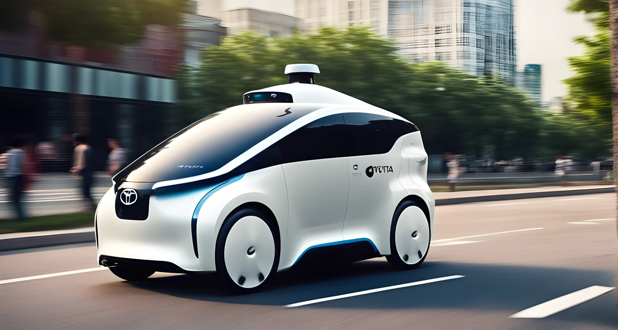 The image features futuristic self-driving electric cars developed by Toyota.