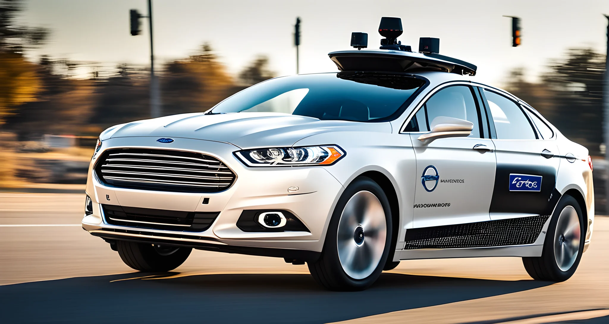 The image features the latest model of Ford's self-driving car prototype, equipped with advanced sensors and cameras for autonomous navigation.