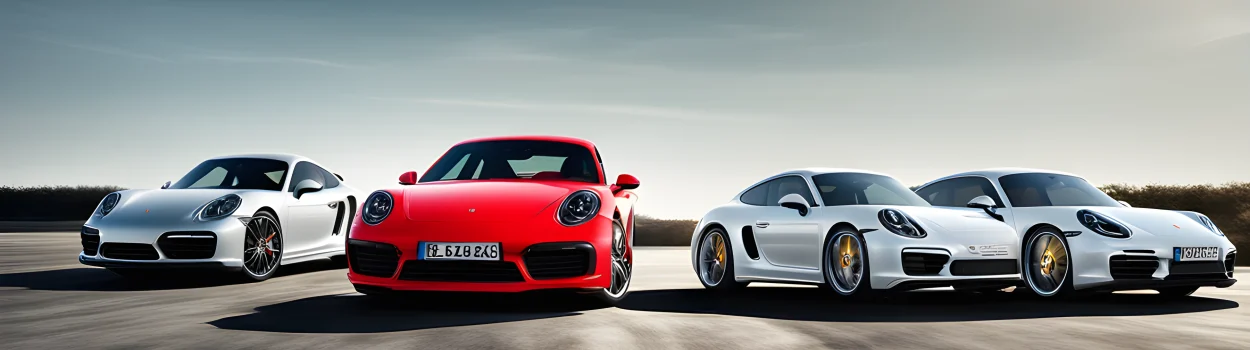 The image features the latest Porsche performance cars, including the 911, Cayman, and Panamera.