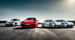 The image features the latest Porsche performance cars, including the 911, Cayman, and Panamera.