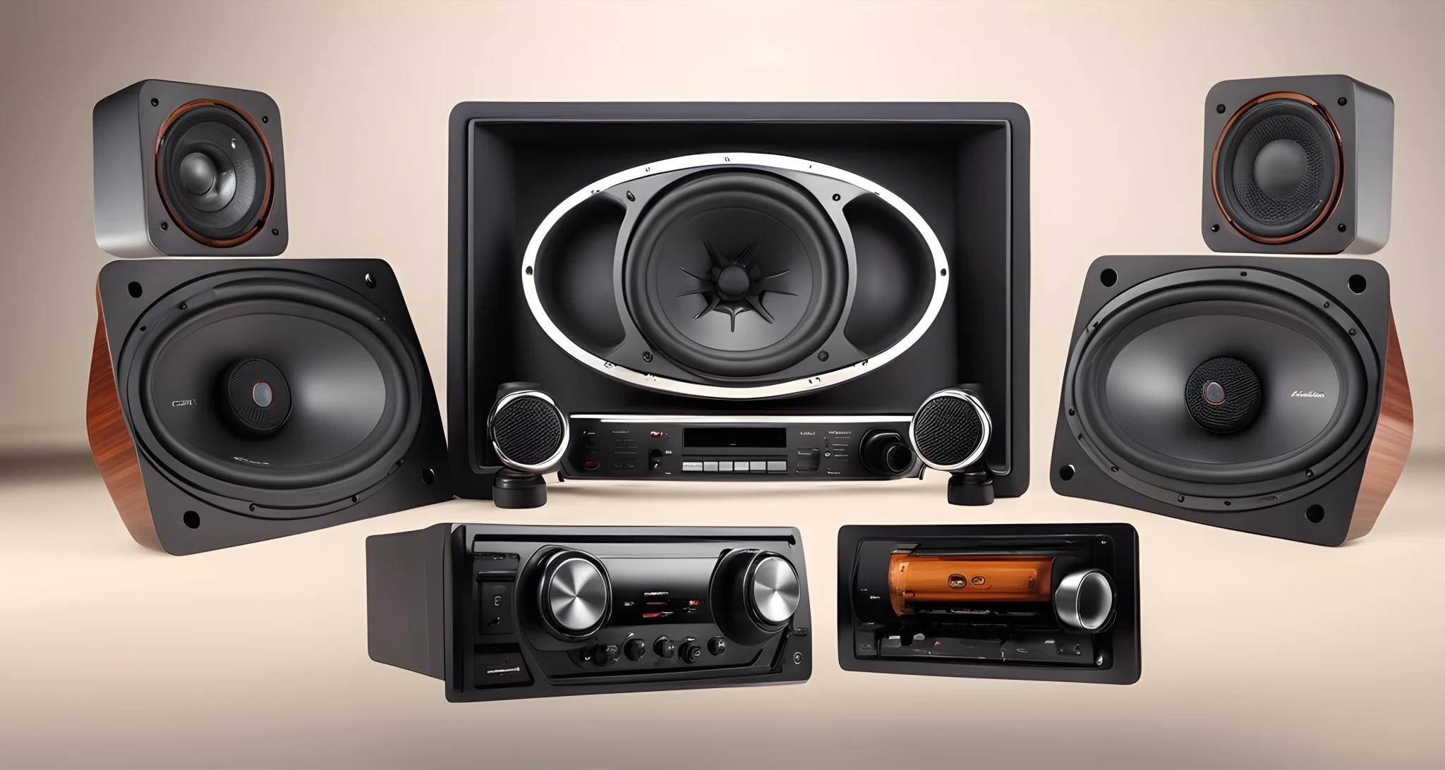 The image features various car audio systems and accessories, including speakers, amplifiers, and subwoofers.