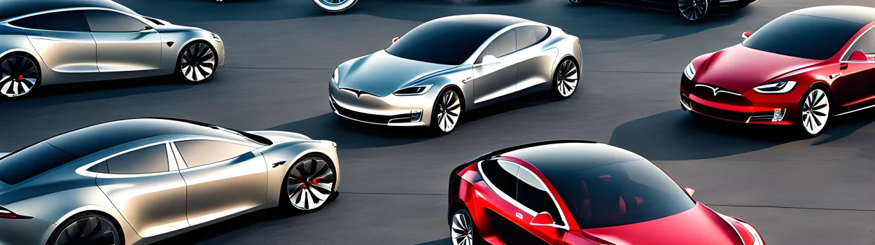 The image features various Tesla concept cars and prototypes.