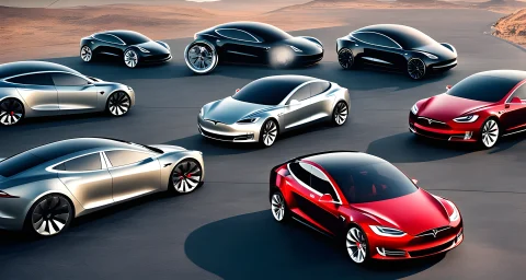 The image features various Tesla concept cars and prototypes.