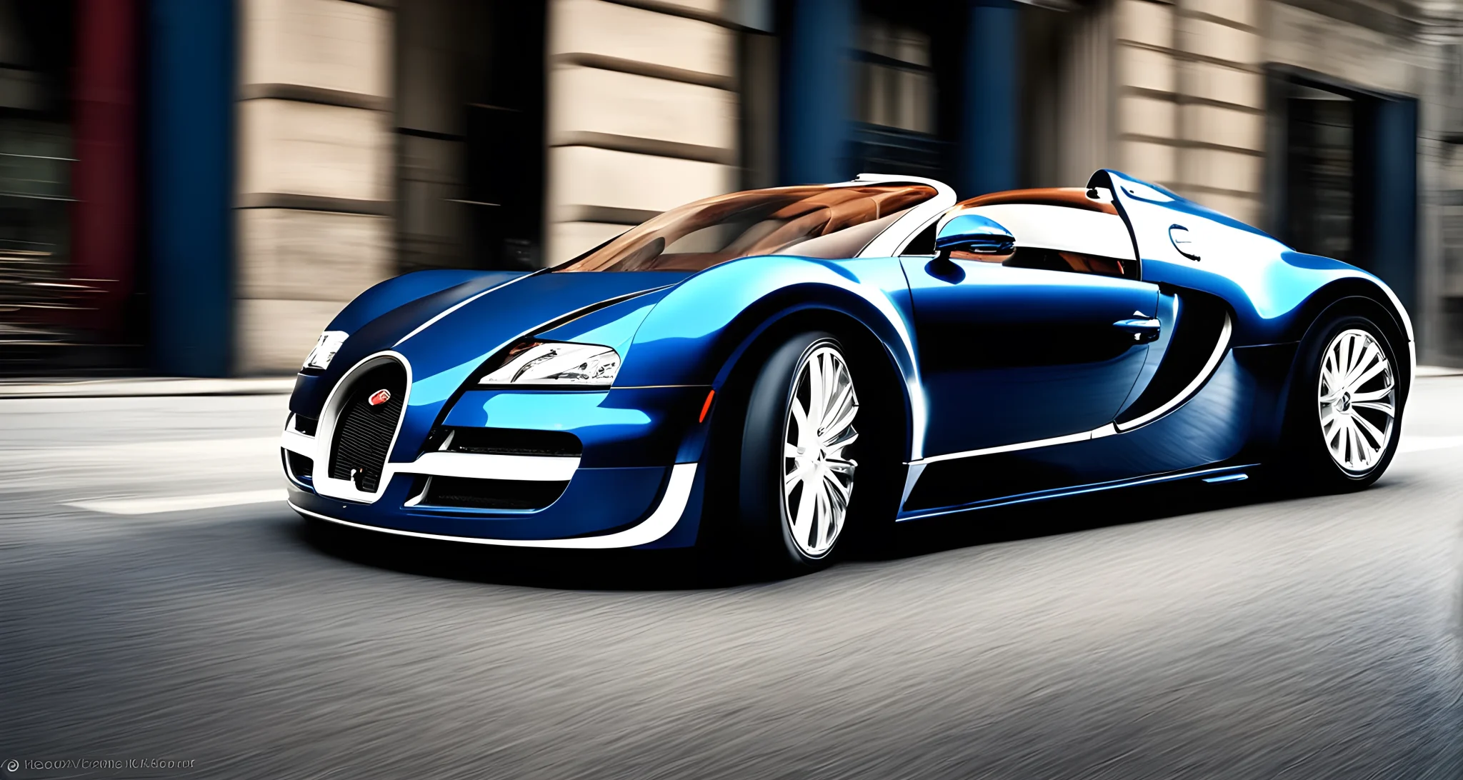 The image showcases a Bugatti Veyron with a sleek, aerodynamic design, and high-performance wheels.