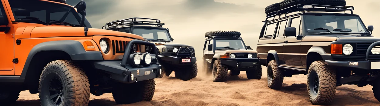 The image showcases a lineup of rugged, off-road 4x4 vehicles.