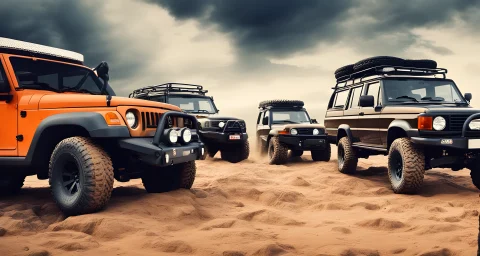 The image showcases a lineup of rugged, off-road 4x4 vehicles.