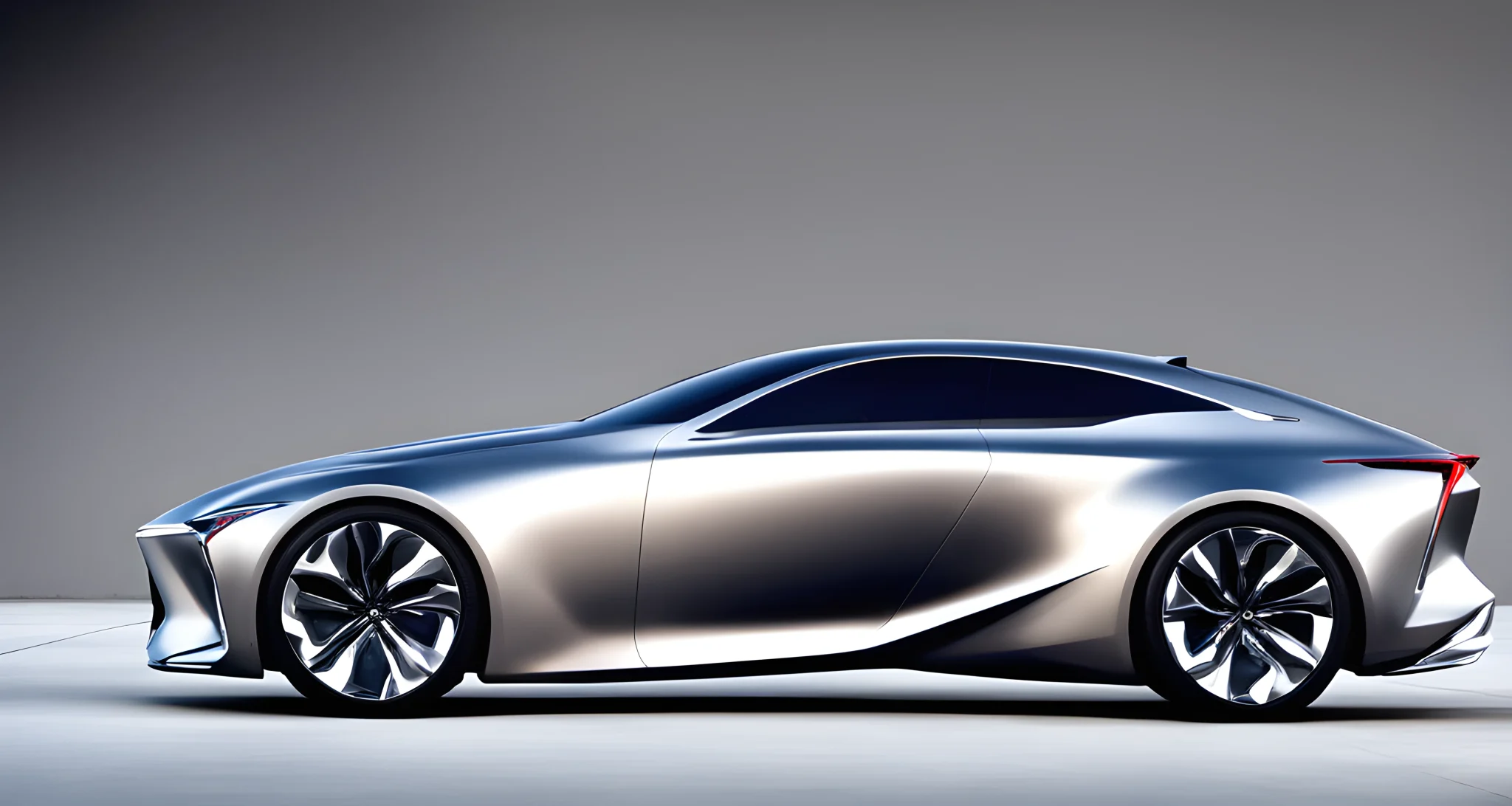 The image showcases the Lexus LF-S concept car, featuring sleek, futuristic design and advanced technology.