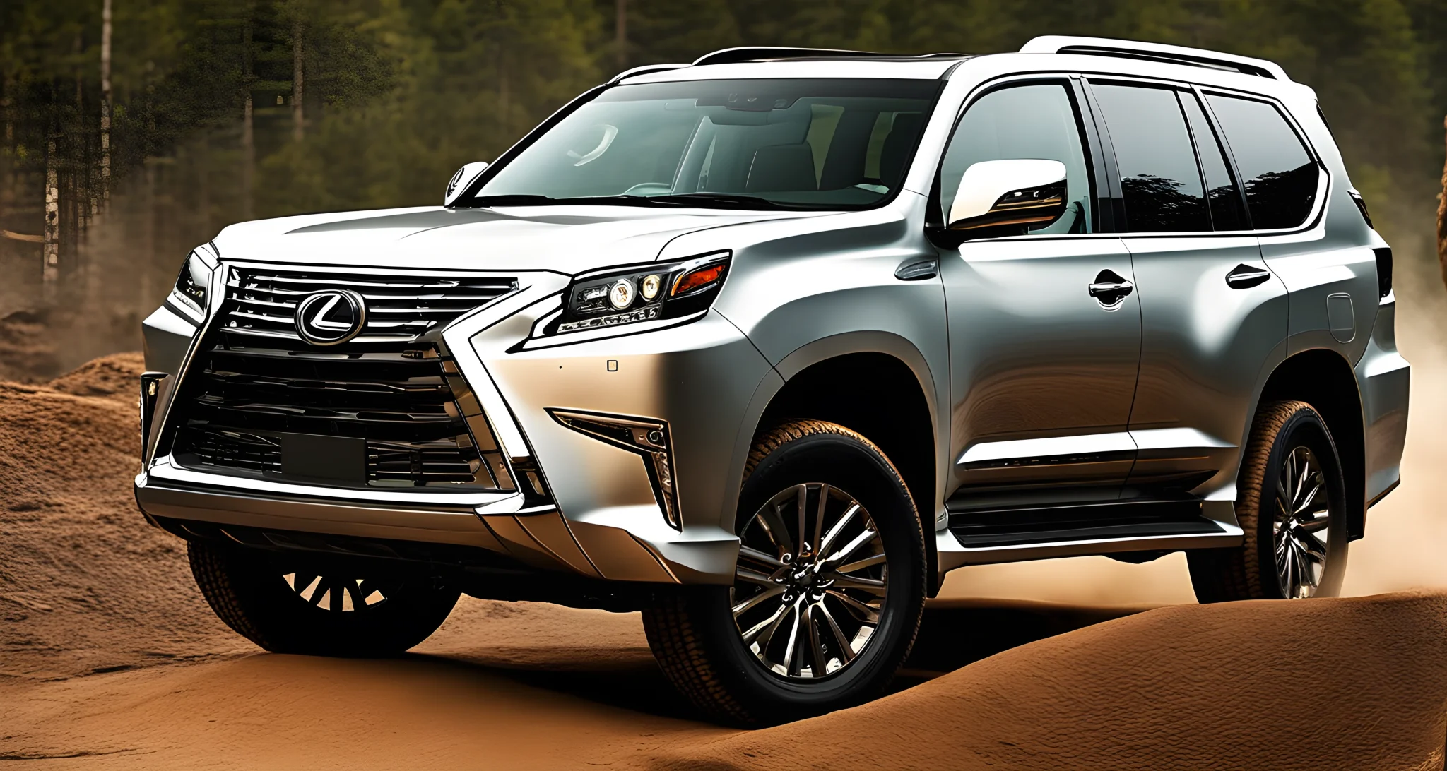 The image shows a 2023 Lexus GX Luxury with an off-road package, featuring a rugged exterior and advanced off-road capabilities.