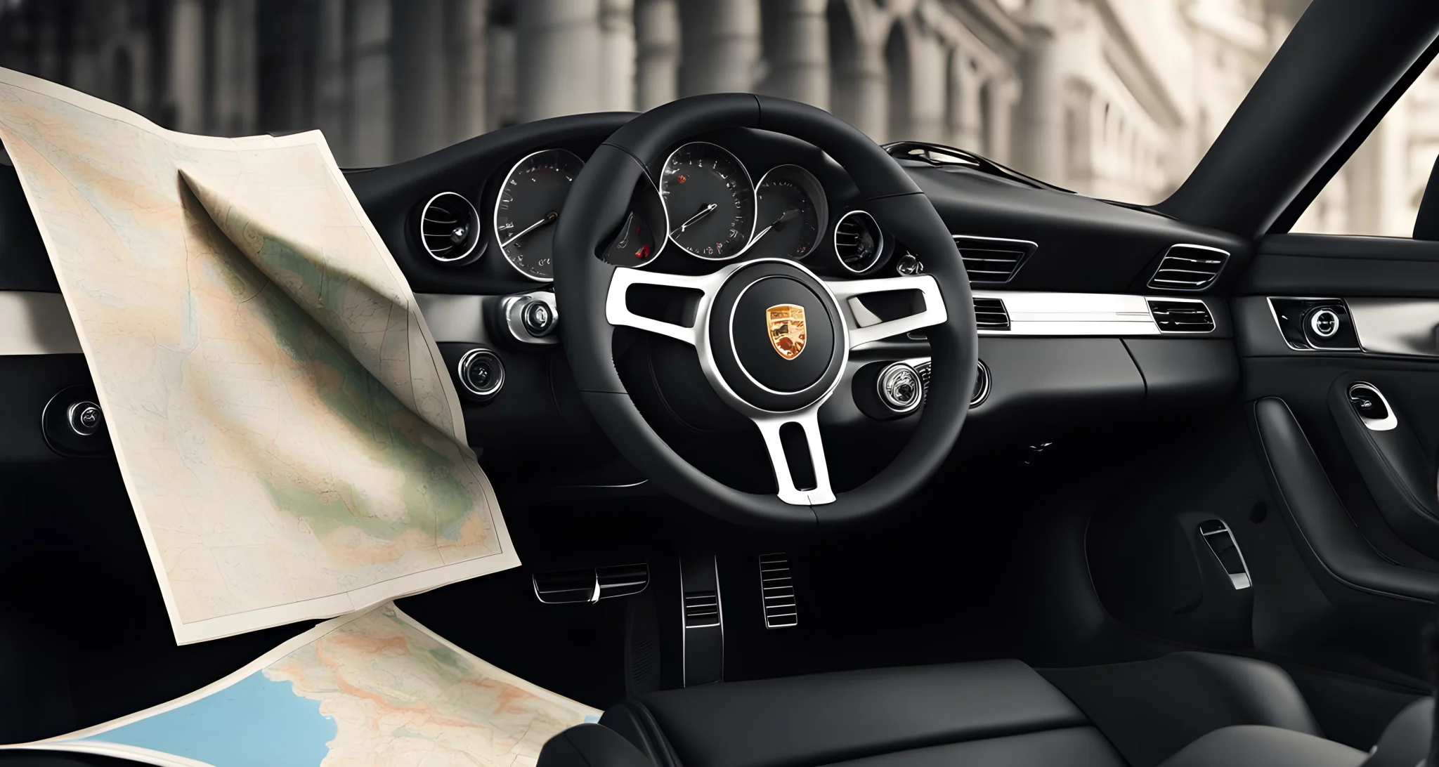The image shows a black Porsche sports car packed with luggage and a map on the dashboard.