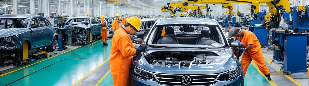 The image shows a bustling automotive factory floor with workers assembling cars on the production line. Numerous vehicles in various stages of assembly are visible, along with heavy machinery and equipment.