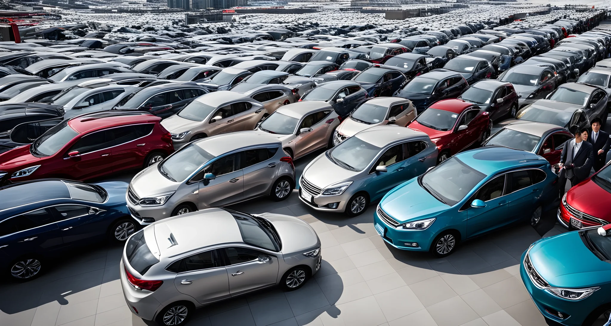 The image shows a bustling car dealership in China, with rows of shiny new cars on display and salespeople talking to potential customers.