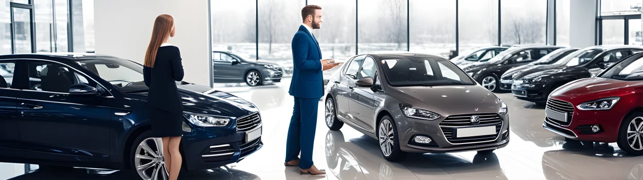 The image shows a car dealership showroom with various models on display, alongside a sales representative discussing financing options with a potential customer.