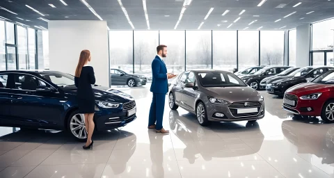 The image shows a car dealership showroom with various models on display, alongside a sales representative discussing financing options with a potential customer.