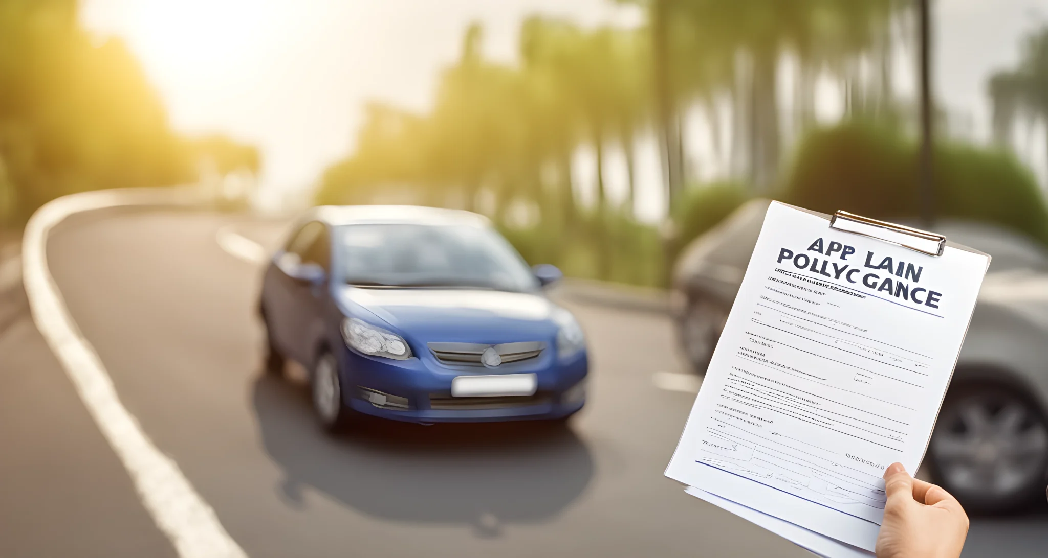 The image shows a car driving on a road with a gap insurance policy document and a car loan agreement.