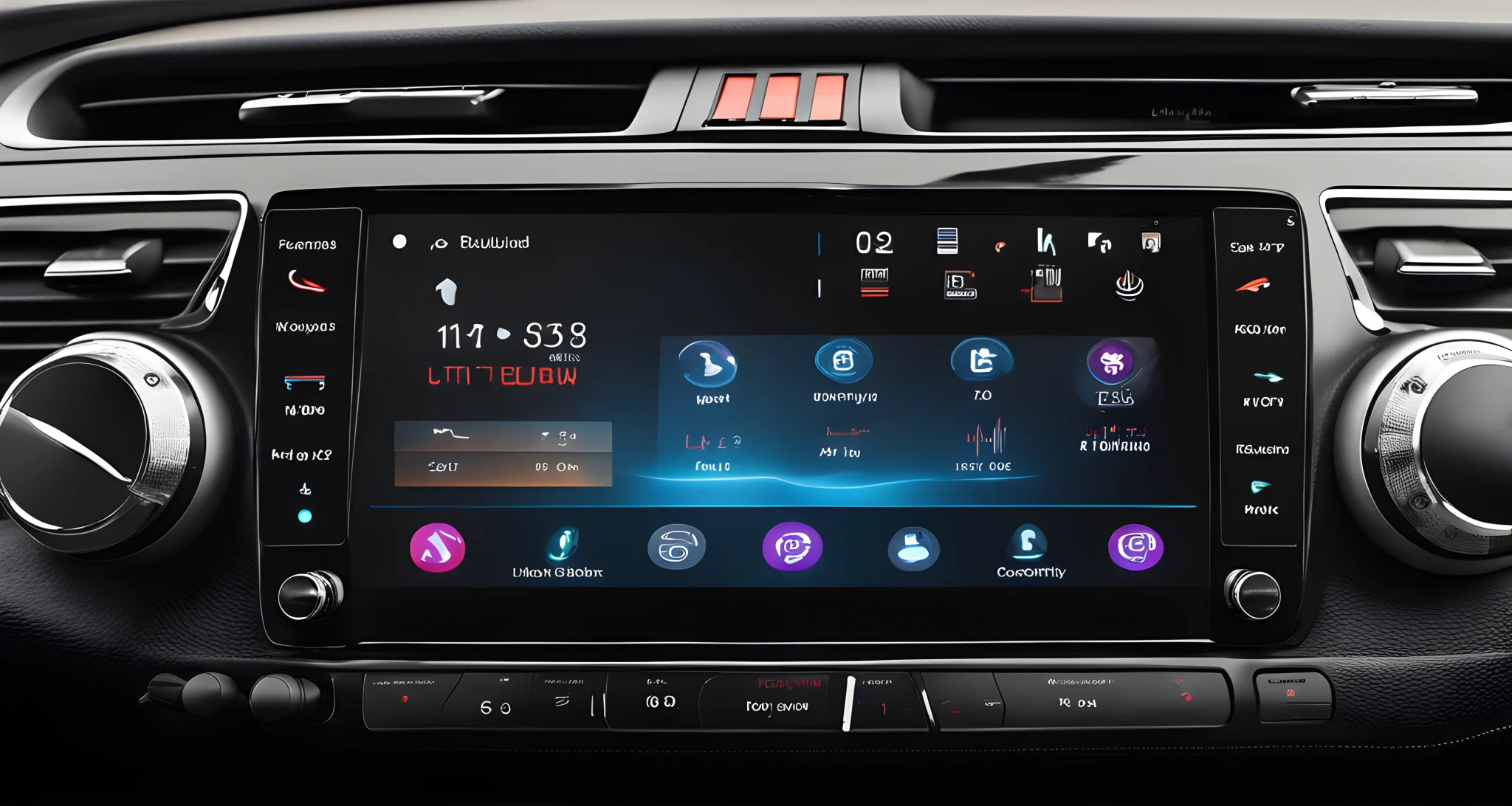 The image shows a car head unit with a touchscreen display, control buttons, and various input ports for audio and video connectivity.