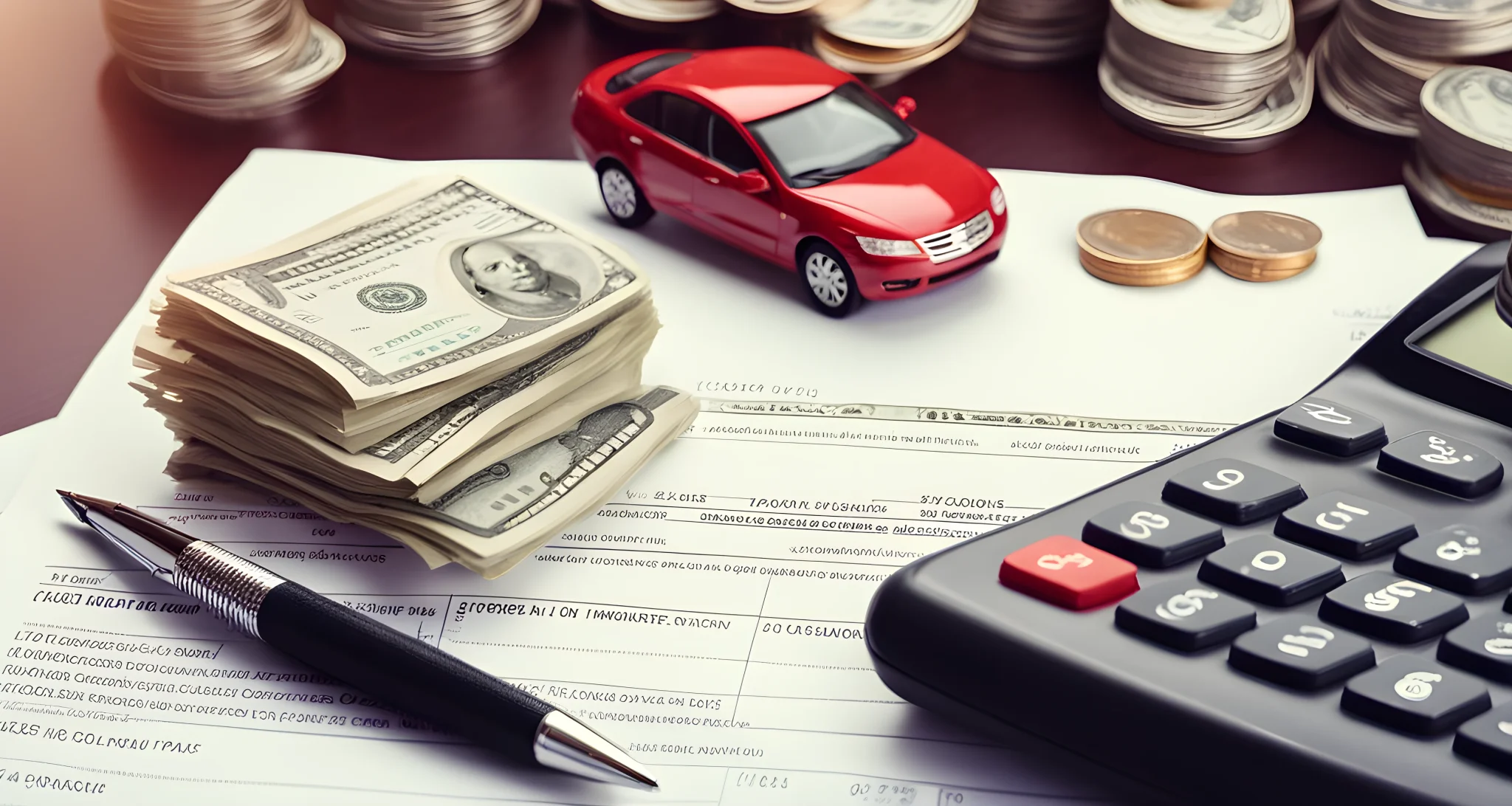 The image shows a car insurance policy document, a calculator, and a stack of money.