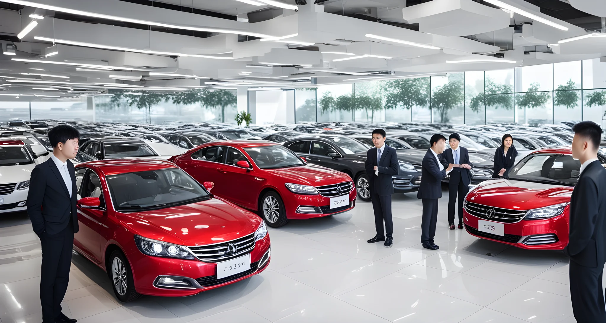 The image shows a Chinese car dealership with rows of different car models and salespeople talking to customers.