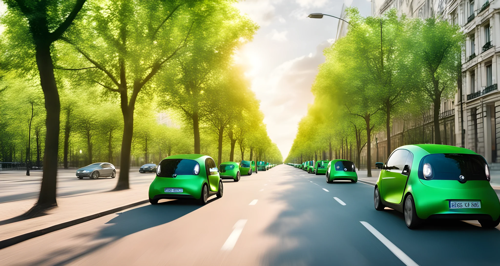 The image shows a city skyline with electric cars driving on wide green boulevards lined with trees.