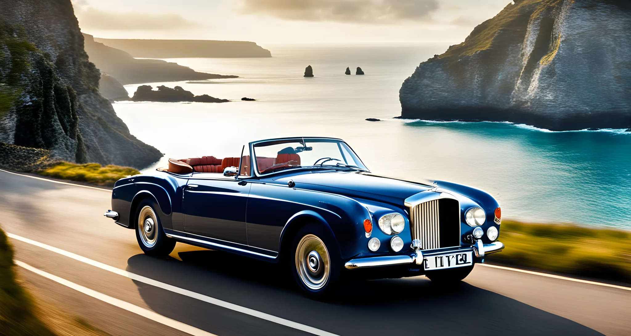 The image shows a classic Bentley convertible driving along a coastal road with the ocean on one side and cliffs on the other.