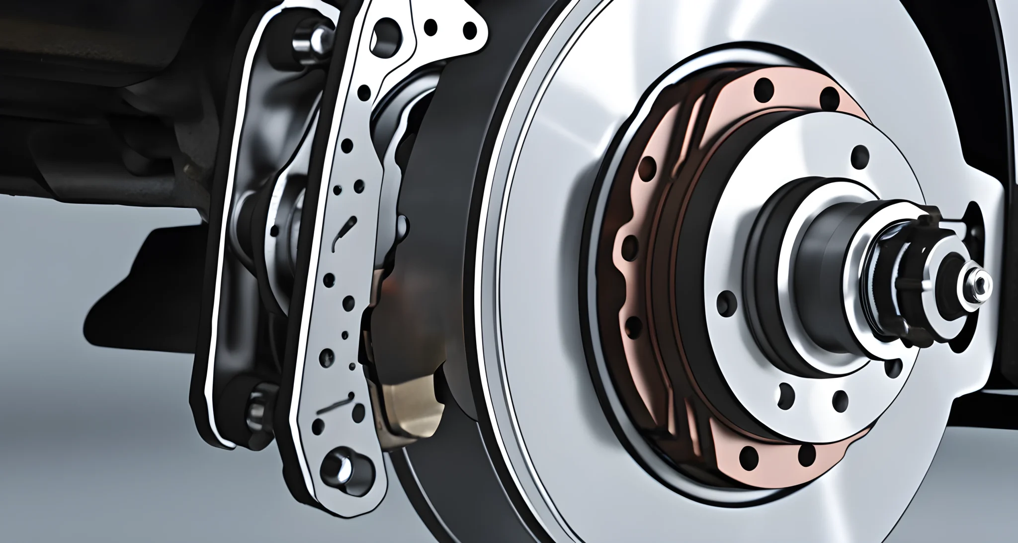 The image shows a close-up of a car's brake system, including the brake pads, calipers, and rotors.