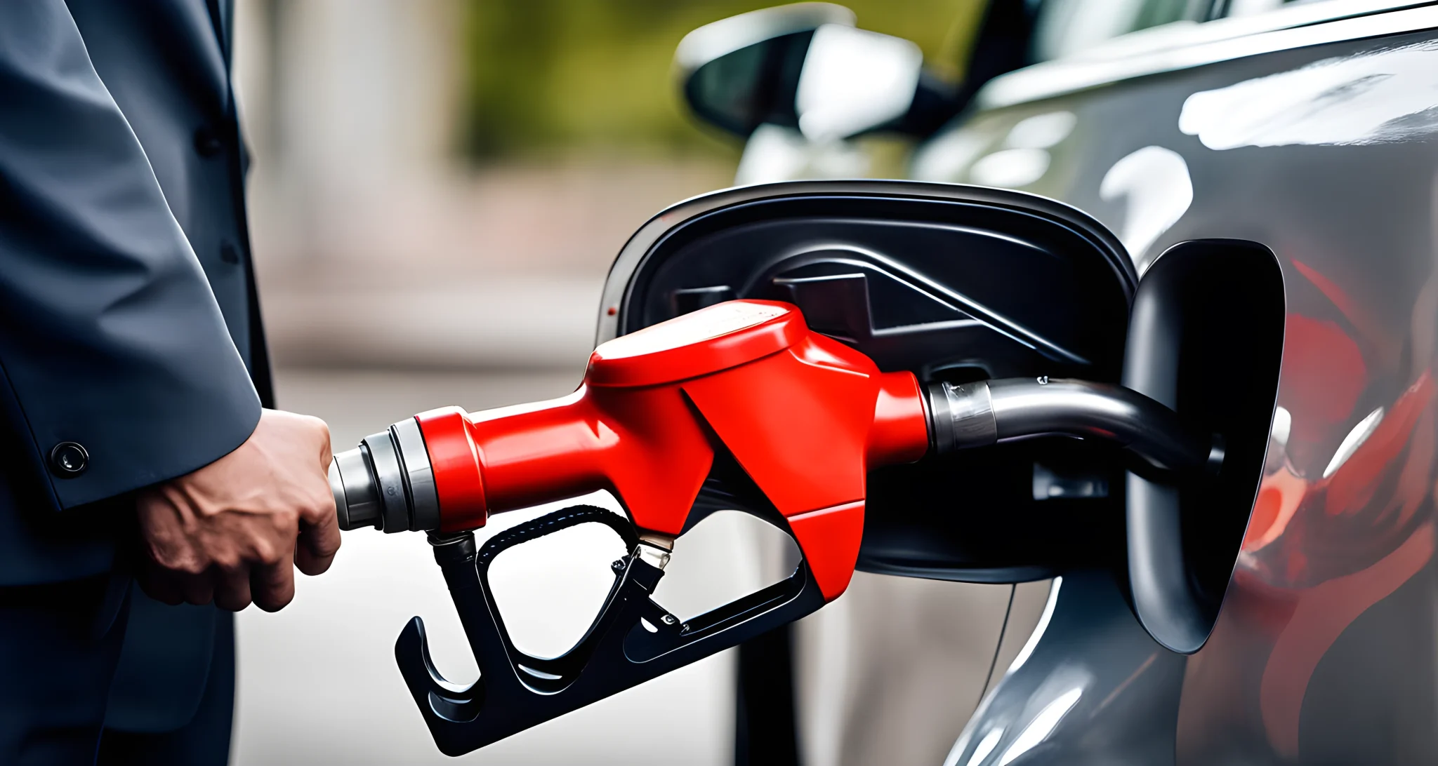 The image shows a close-up of a fuel nozzle pouring premium quality fuel into an Audi vehicle's fuel tank.