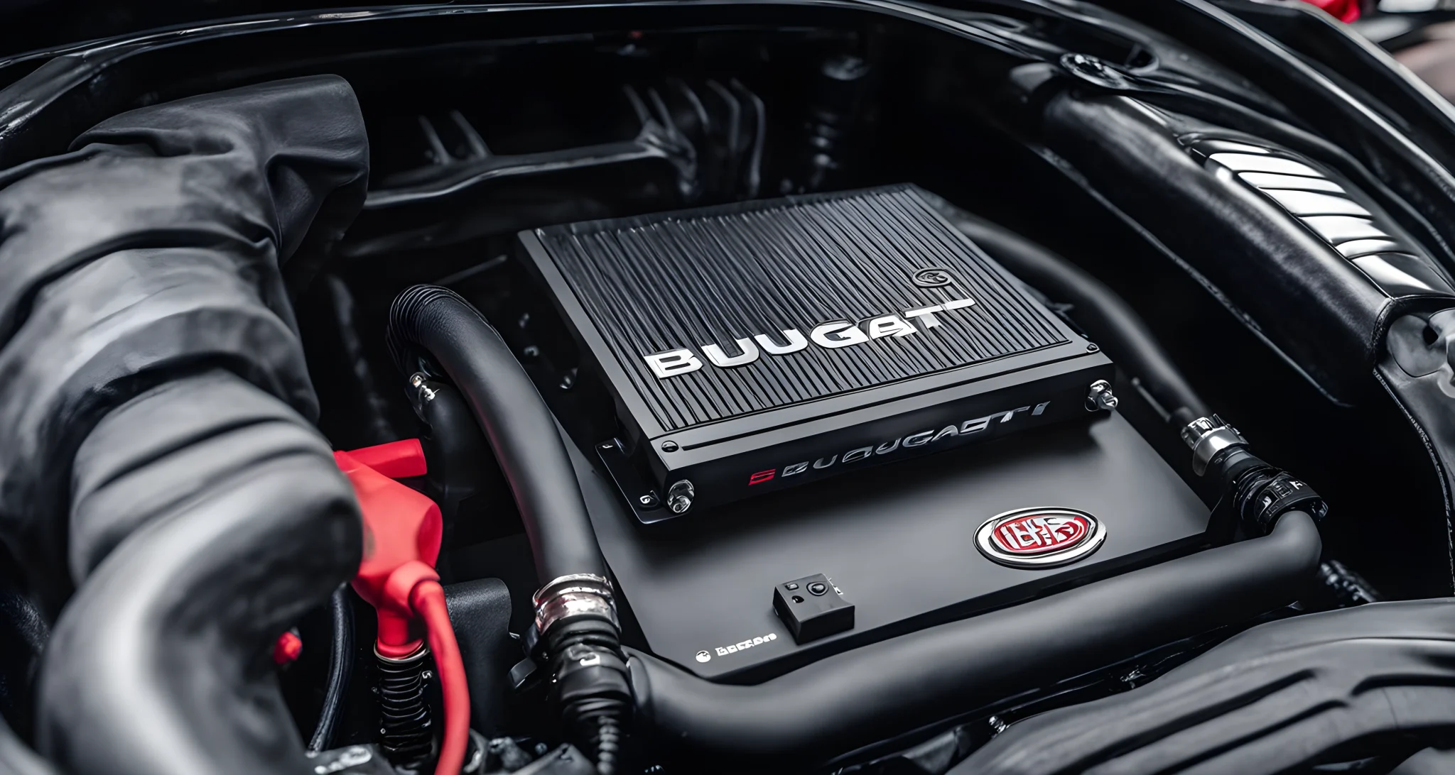 The image shows a close-up of a sleek, black Bugatti ECU remapping tool connected to the engine.