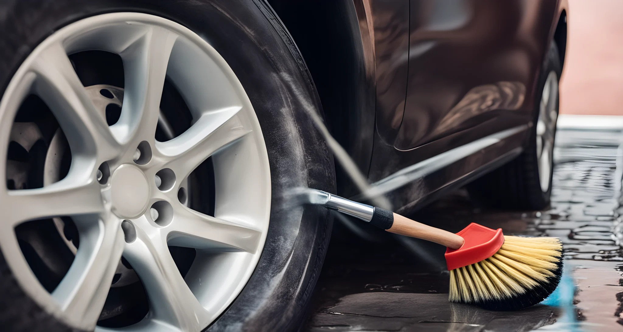 The image shows a close-up of a tire being cleaned with a brush and car cleaning solution.