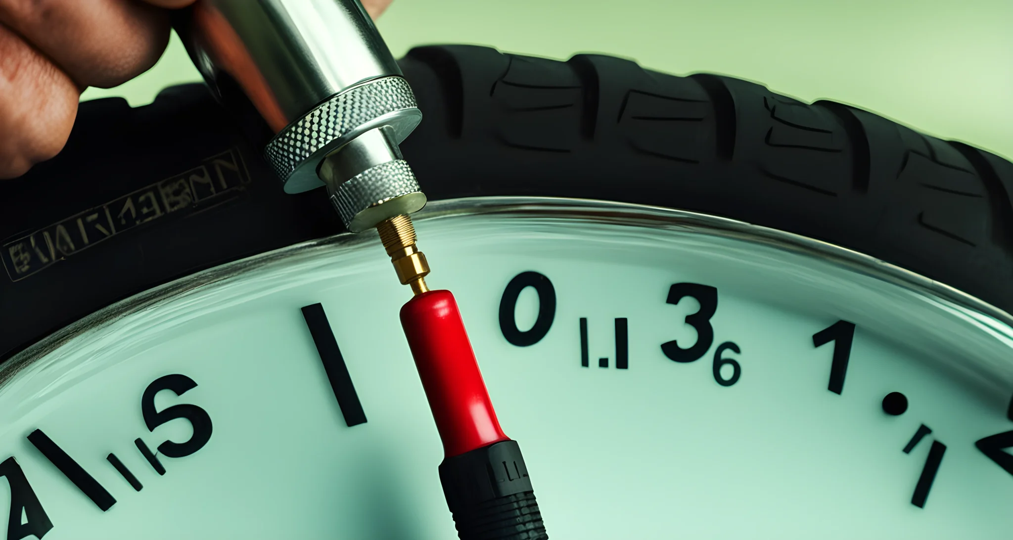 The image shows a close-up of a tire pressure gauge being used to check the inflation of a car tire.