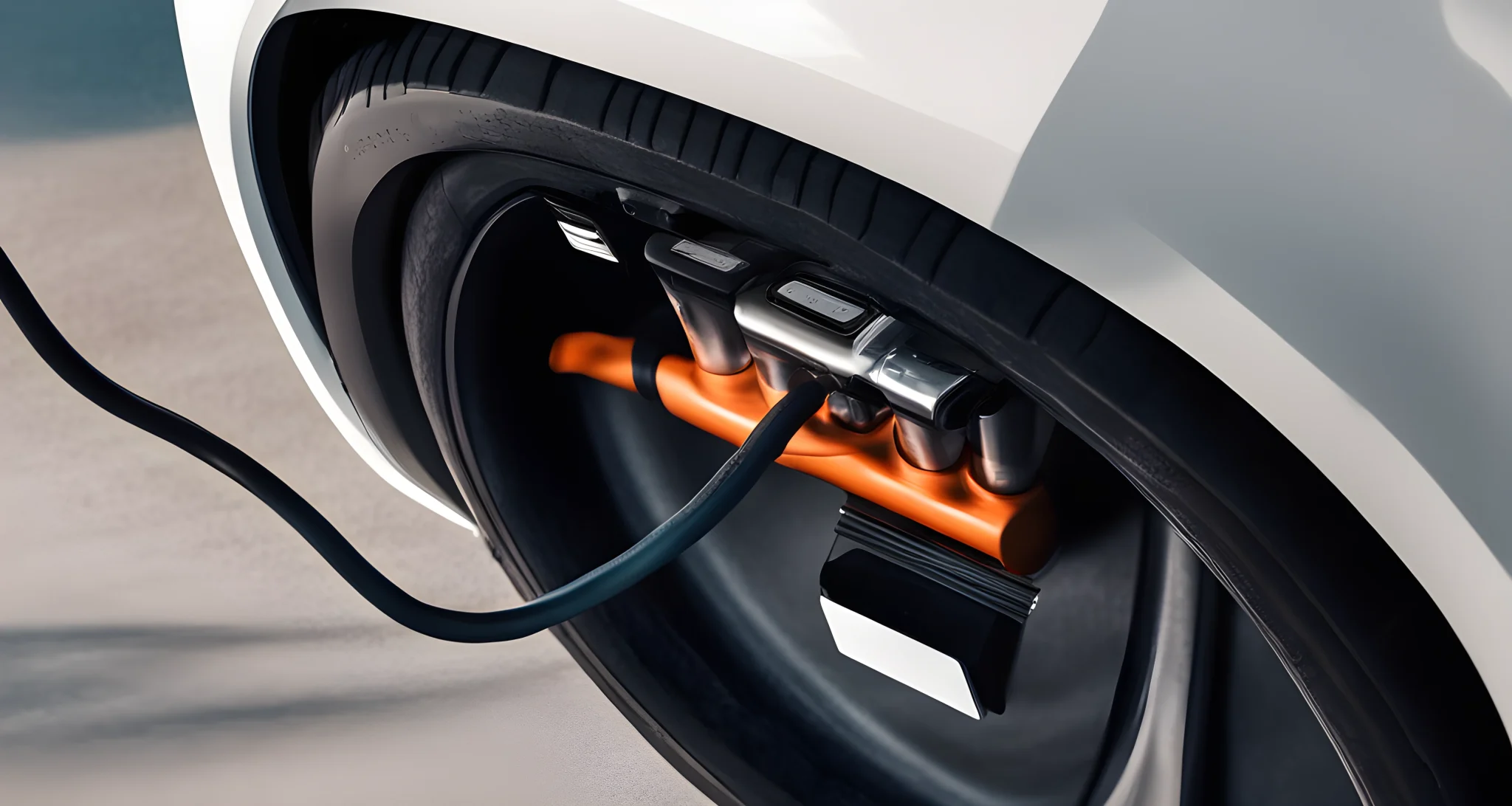 The image shows a close-up of an electric vehicle's charging port, powertrain, and battery pack.