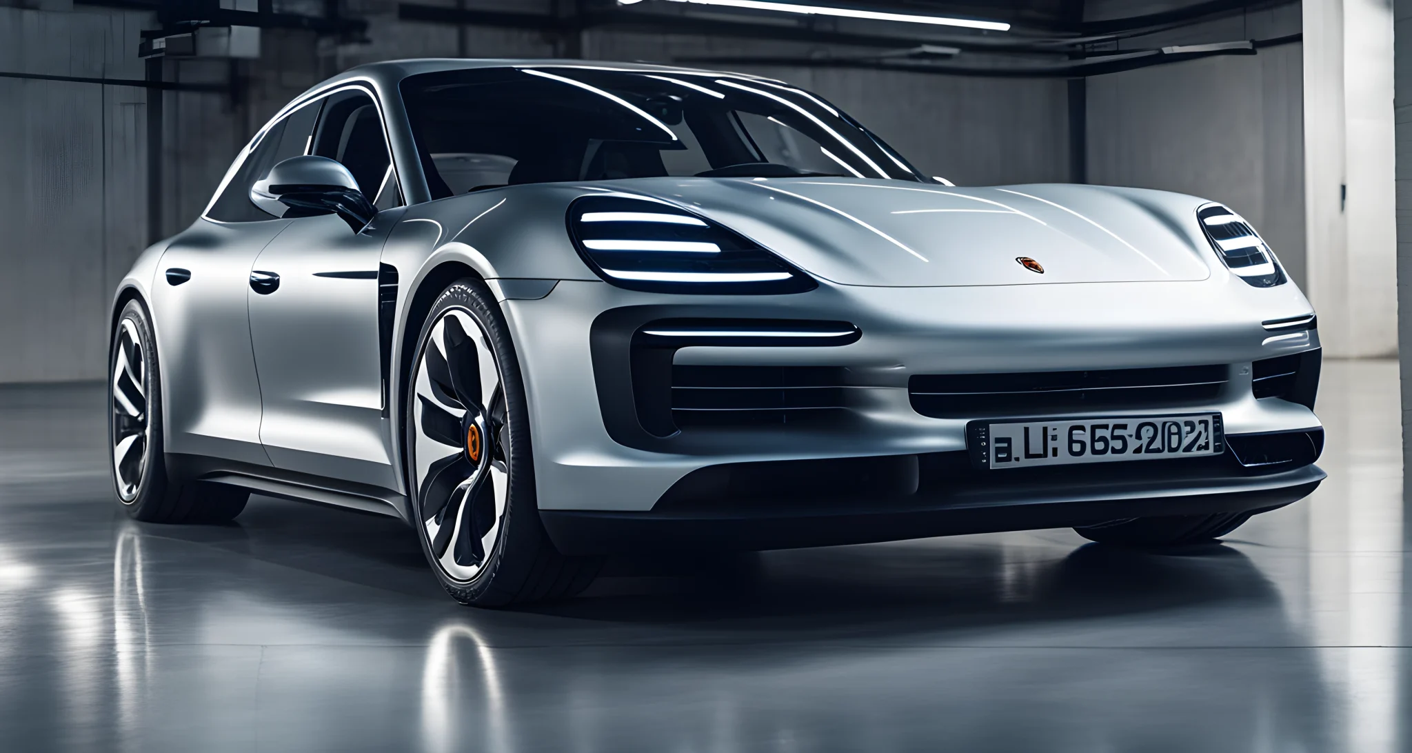 The image shows a close-up of the AI integrated powertrain of a Porsche vehicle during development.