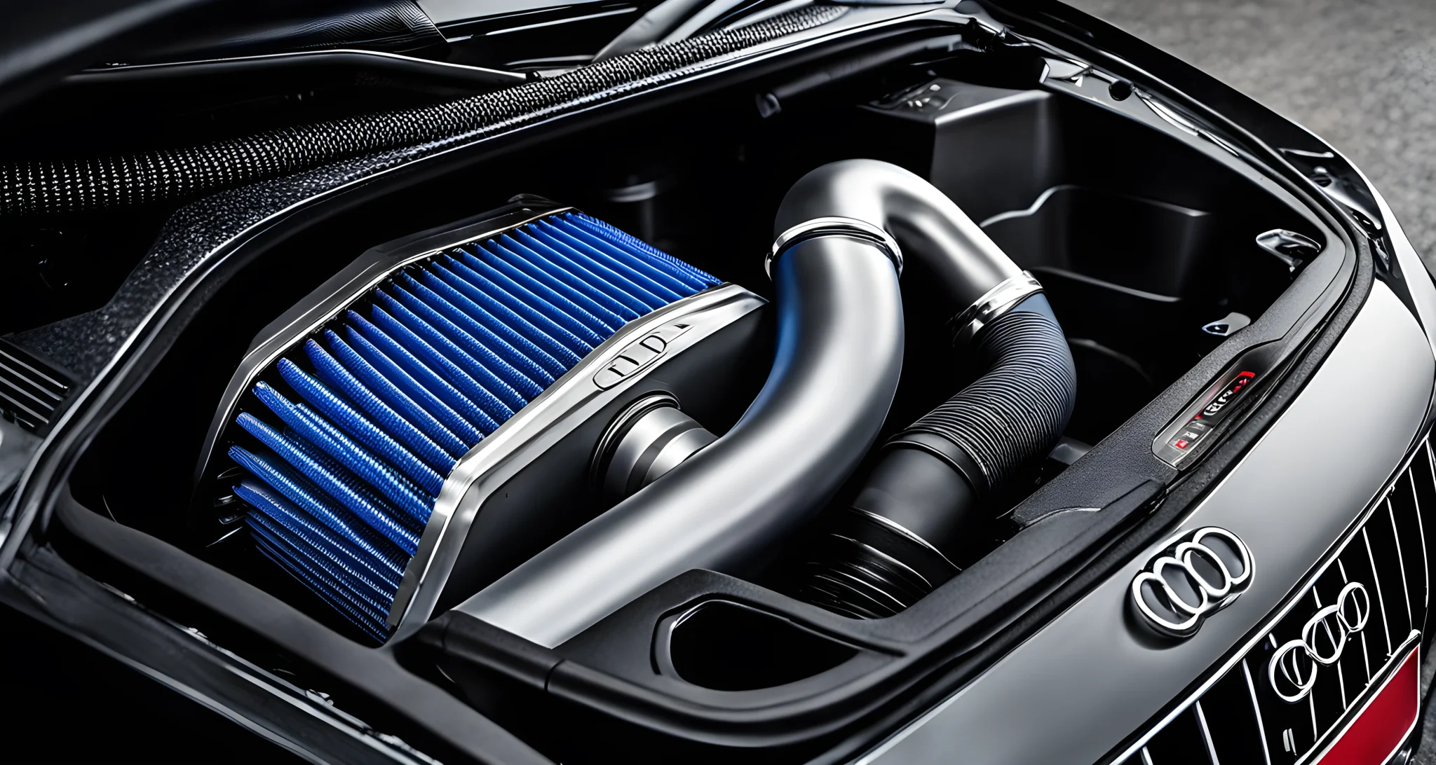 The image shows a cold air intake system installed in an Audi car.