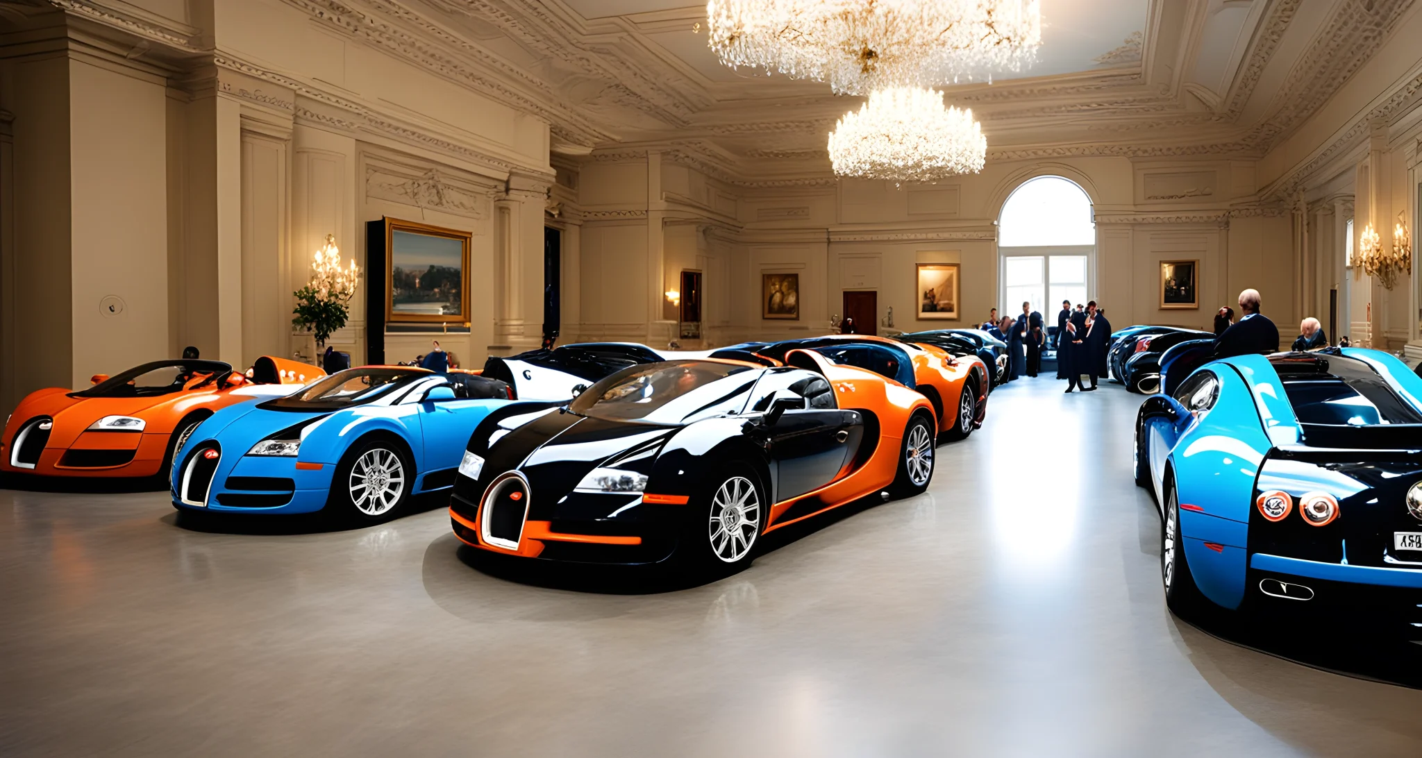 The image shows a collection of Bugatti Veyron supercars being auctioned off at a high-end auction house.