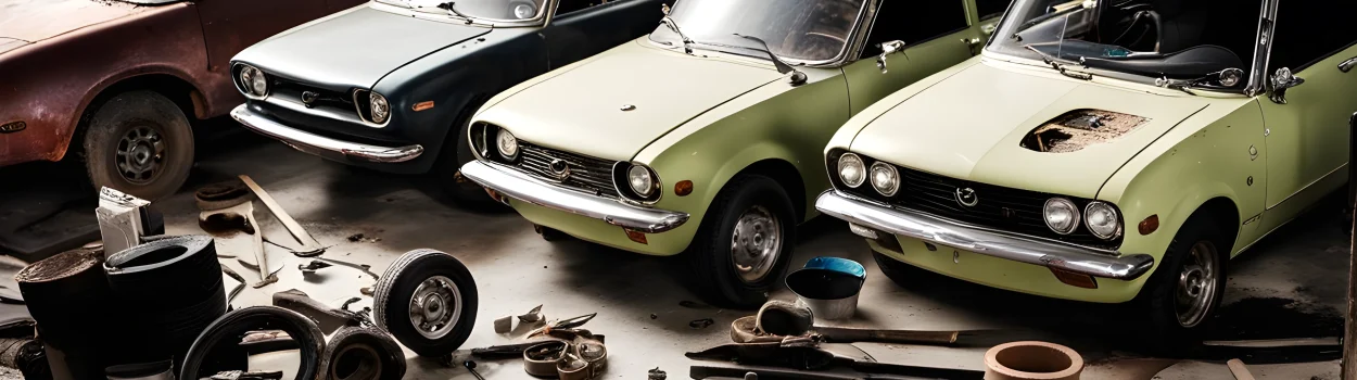 The image shows a collection of vintage Mazda cars being restored, with tools, paint, and car parts scattered around.
