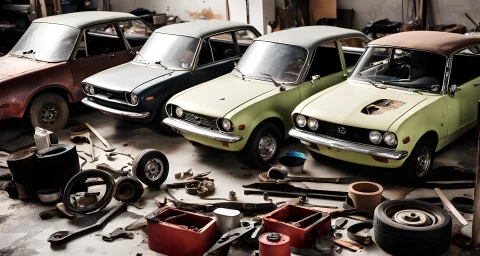 The image shows a collection of vintage Mazda cars being restored, with tools, paint, and car parts scattered around.