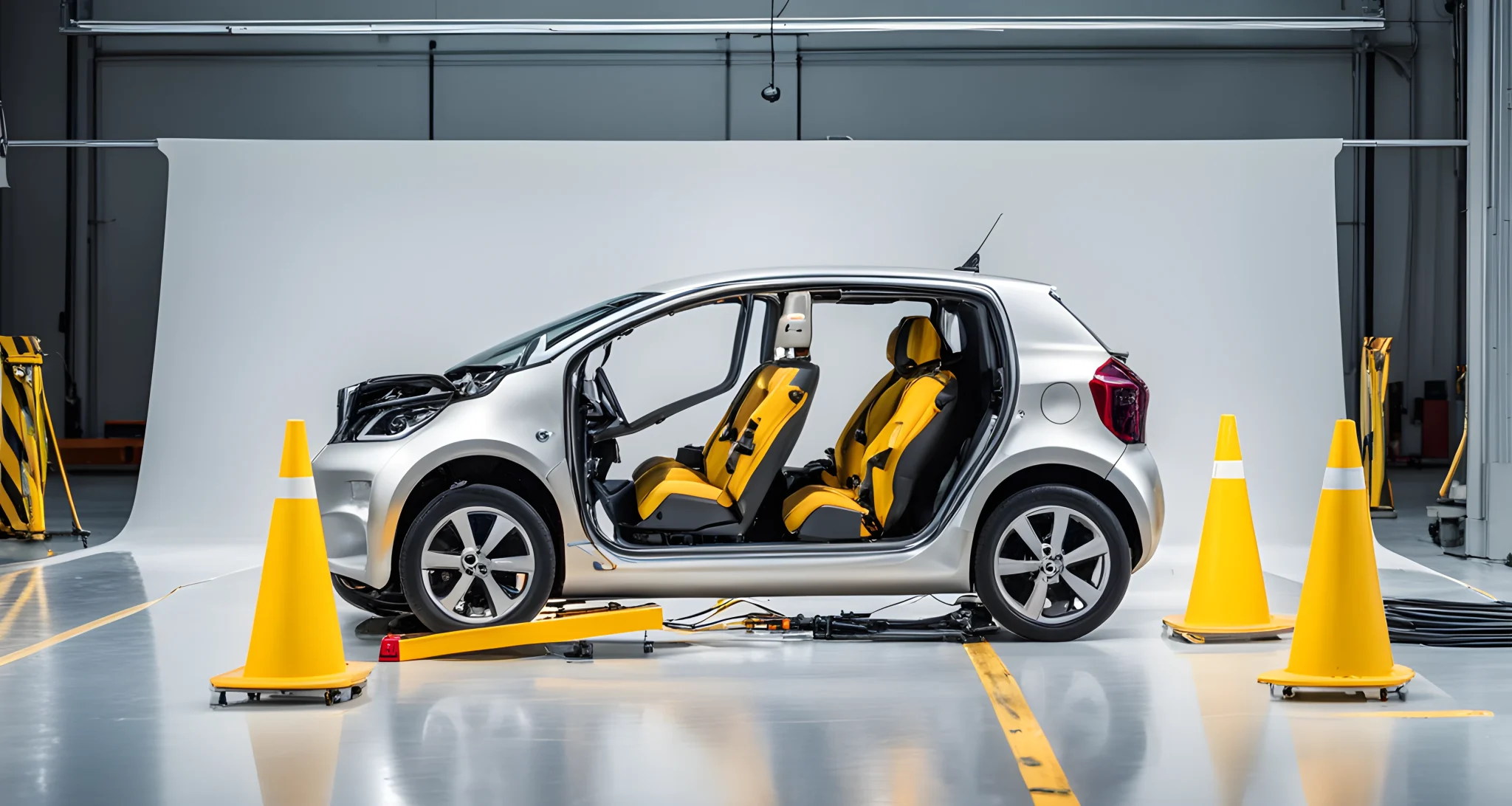 The image shows a compact electric vehicle undergoing a crash test, with a barrier in front of it and crash test dummies inside.