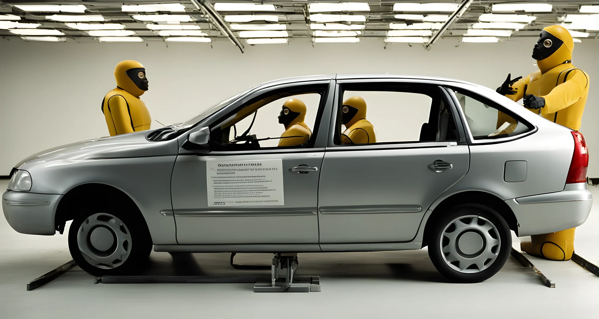 The image shows a crash test dummies in a vehicle being tested for safety standards.