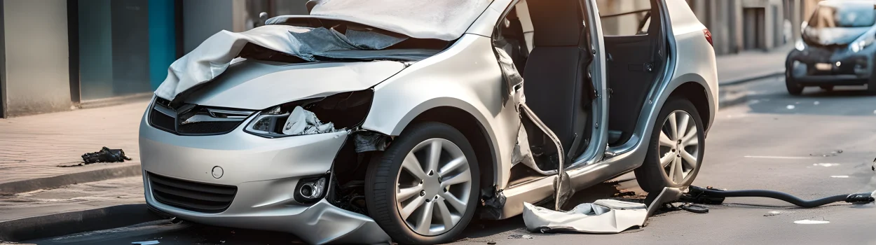 The image shows a crashed electric vehicle with deployed airbags and a damaged front end.