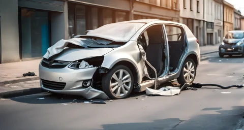 The image shows a crashed electric vehicle with deployed airbags and a damaged front end.
