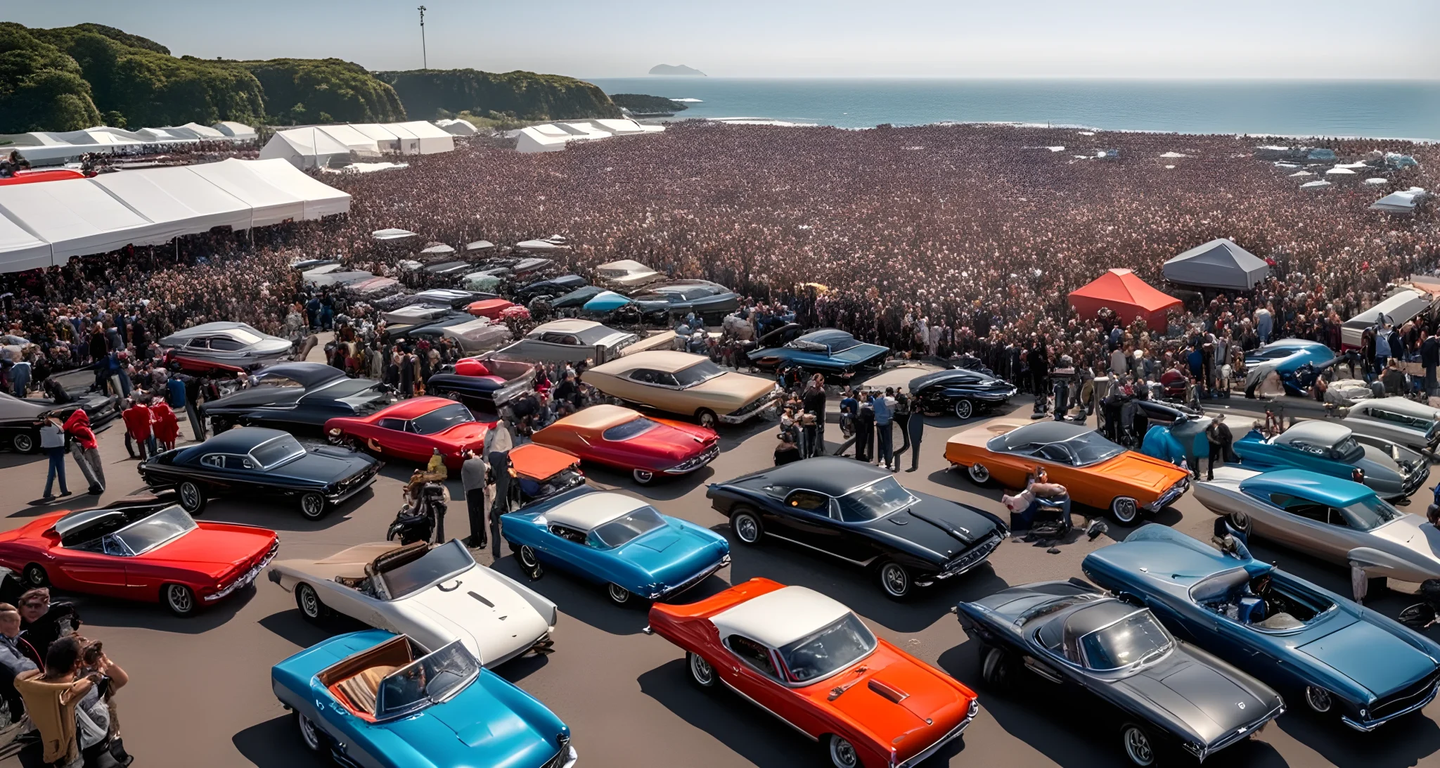 The image shows a crowded car show with various classic and modified cars on display, surrounded by a sea of enthusiastic car enthusiasts.