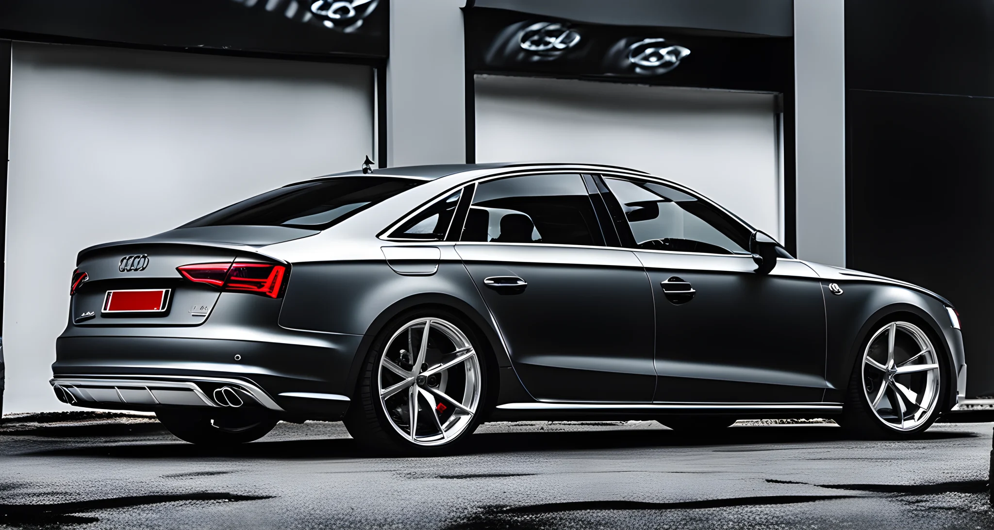 The image shows a custom aftermarket exhaust system installed on an Audi car.