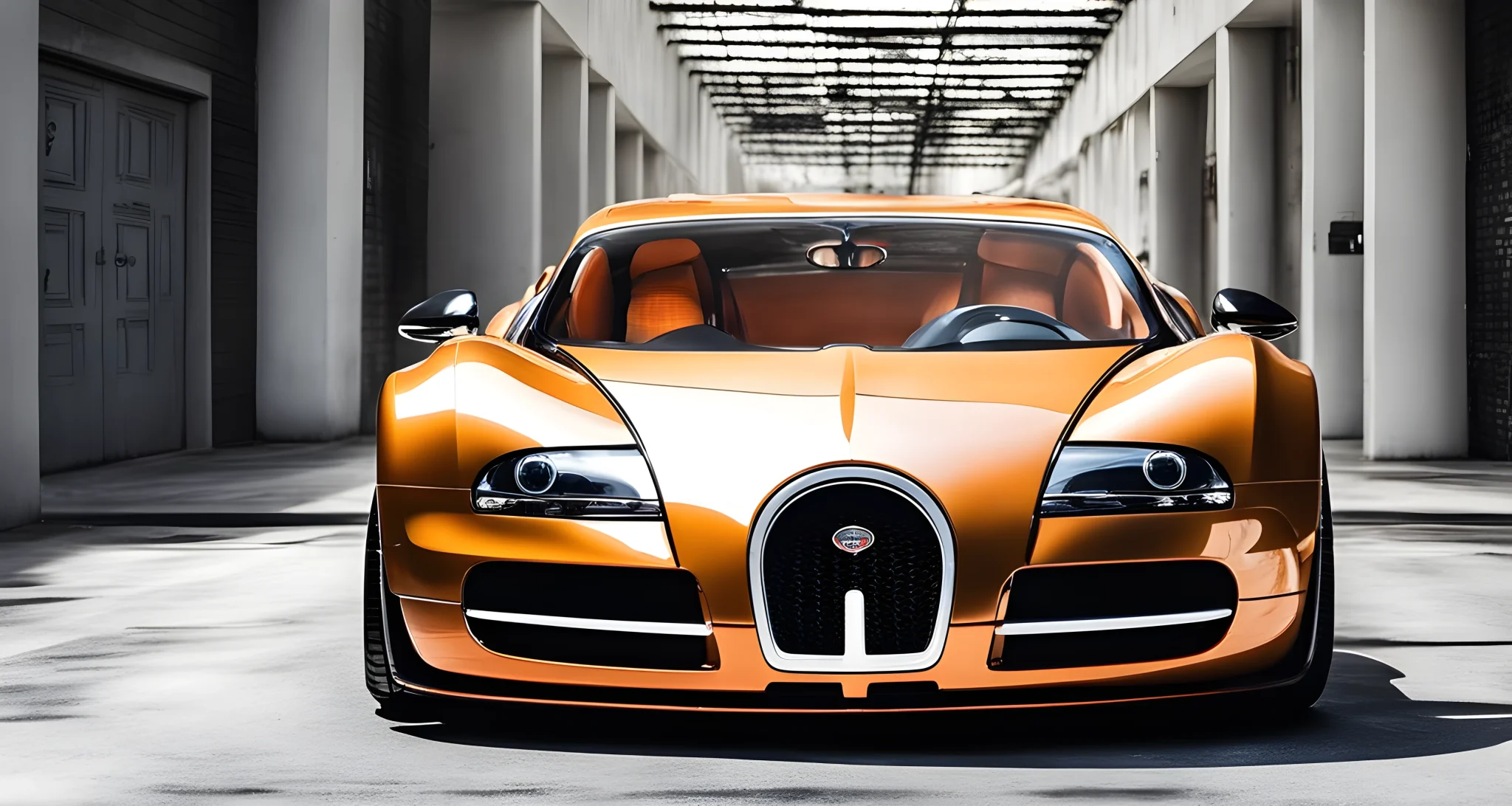 The image shows a customized Bugatti Veyron with a unique body kit and aerodynamic enhancements. The car also features a bespoke interior with custom upholstery and carbon fiber accents.
