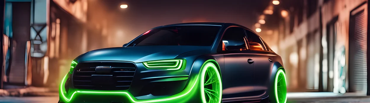 The image shows a customized car with aftermarket body kit, spoiler, and neon underglow lights.