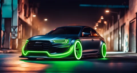 The image shows a customized car with aftermarket body kit, spoiler, and neon underglow lights.